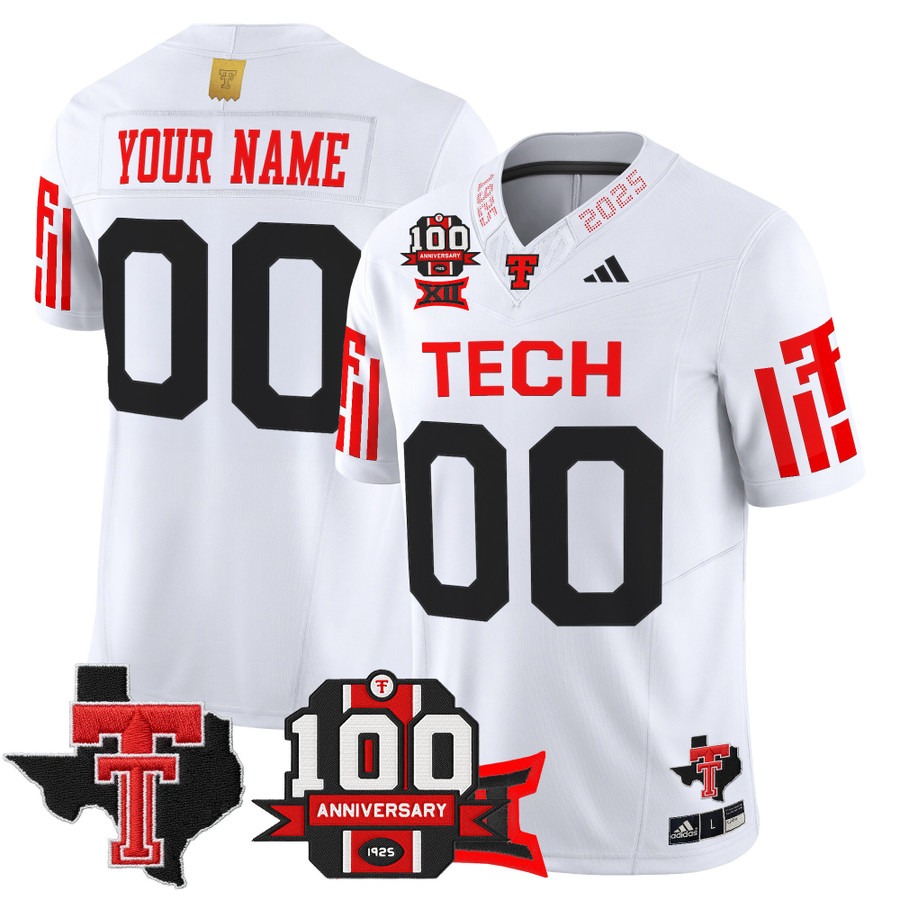 Men's Texas Tech Red Raiders Custom White 2025 With 100th Anniversary & Texas Patch Vapor F.U.S.E. Limited Stitched Football Jersey Men's Texas Tech Red Raiders Custom White 2025 With 100th Anniversary & Texas Patch Vapor F.U.S.E. Limited Stitched Football Jersey