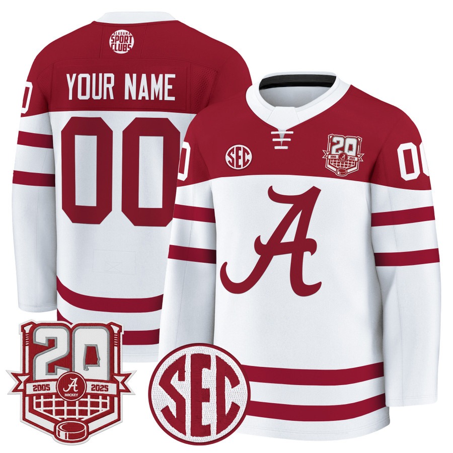 Men's Alabama Crimson Tide Custom White 20th Anniversary Patch 2025-26 Premium Stitched Hockey Jersey Men's Alabama Crimson Tide Custom White 20th Anniversary Patch 2025-26 Premium Stitched Hockey Jersey
