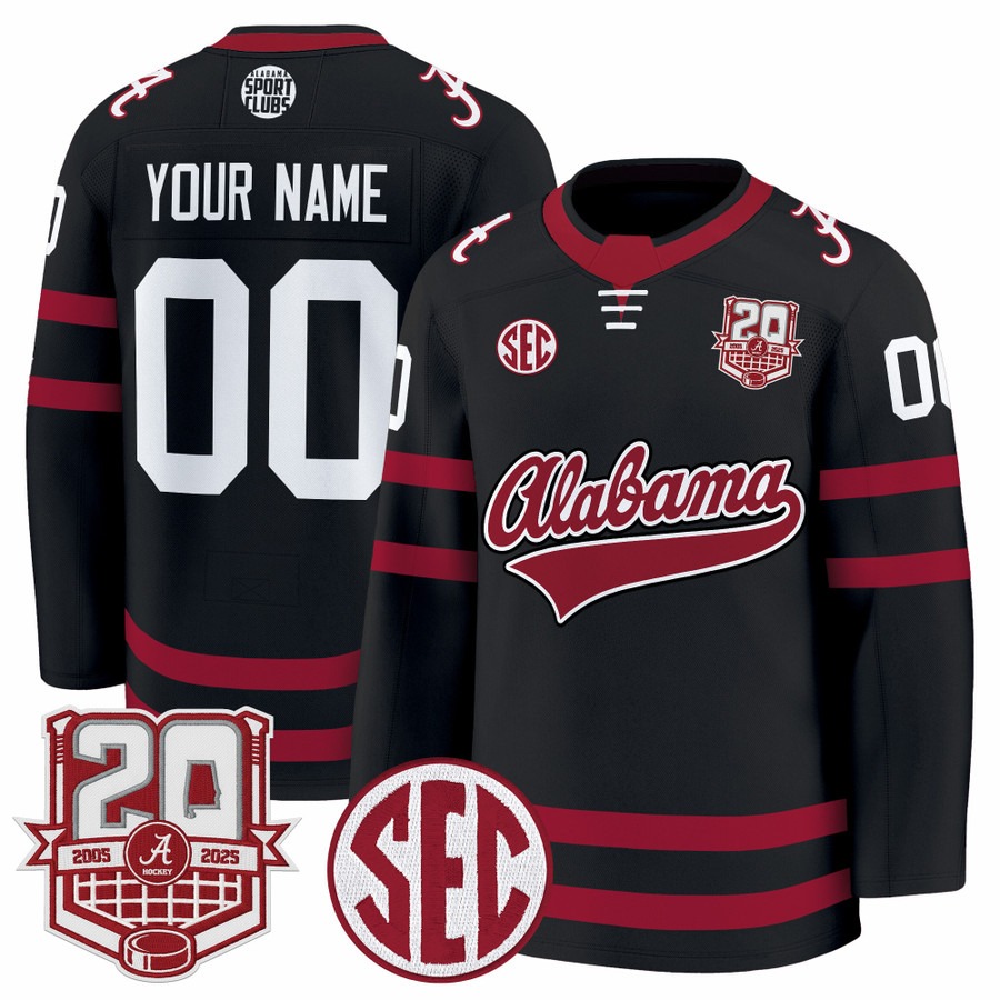 Men's Alabama Crimson Tide Custom Black 20th Anniversary Patch 2025-26 Premium Stitched Hockey Jersey Men's Alabama Crimson Tide Custom Black 20th Anniversary Patch 2025-26 Premium Stitched Hockey Jersey