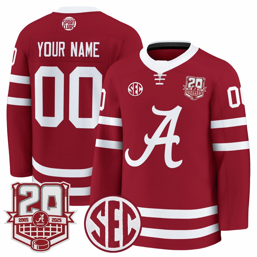 Men's Alabama Crimson Tide Custom Crimson 20th Anniversary Patch 2025-26 Premium Stitched Hockey Jersey Men's Alabama Crimson Tide Custom Crimson 20th Anniversary Patch 2025-26 Premium Stitched Hockey Jersey