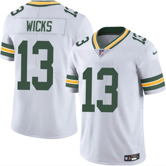 Men's Green Bay Packers #13 Dontayvion Wicks White 2025 Vapor Untouchable Limited Stitched Football Jersey Men's Green Bay Packers #13 Dontayvion Wicks White 2025 Vapor Untouchable Limited Stitched Football Jersey