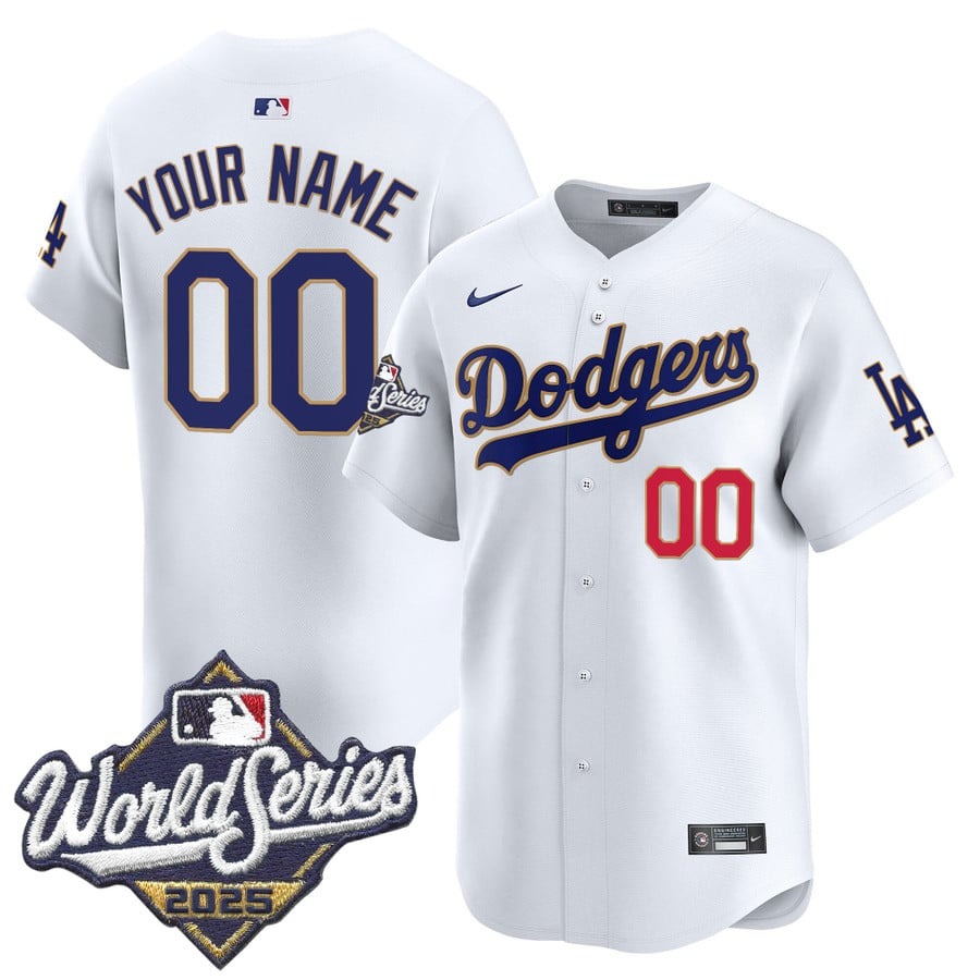 Men's Los Angeles Dodgers Custom White 2025 World Series Gold Trim Vapor Nike Limited Stitched Jersey Men's Los Angeles Dodgers Custom White 2025 World Series Gold Trim Vapor Nike Limited Stitched Jersey