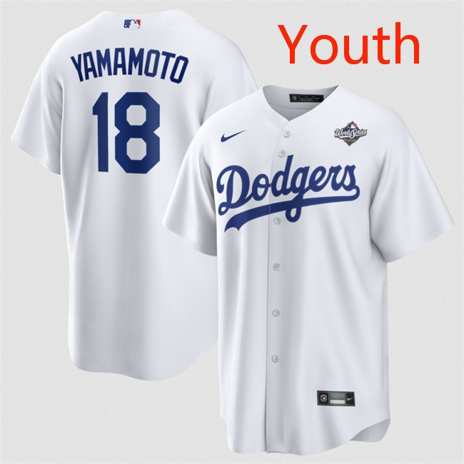 Youth Los Angeles Dodgers #18 Yoshinobu Yamamoto White 2025 World Series Home Cool Base Stitched Baseball Jersey Youth Los Angeles Dodgers #18 Yoshinobu Yamamoto White 2025 World Series Home Cool Base Stitched Baseball Jersey