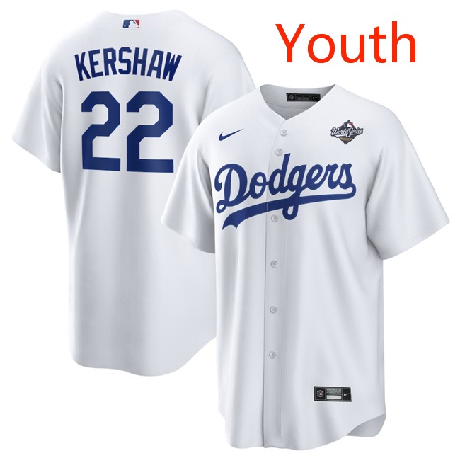 Youth Los Angeles Dodgers #22 Clayton Kershaw White 2025 World Series Home Cool Base Stitched Baseball Jersey Youth Los Angeles Dodgers #22 Clayton Kershaw White 2025 World Series Home Cool Base Stitched Baseball Jersey