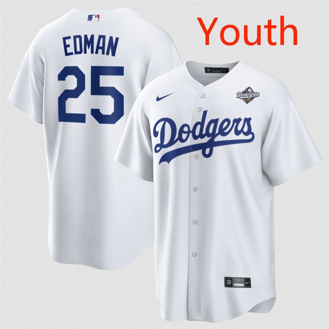 Youth Los Angeles Dodgers #25 Tommy Edman White 2025 World Series Home Cool Base Stitched Baseball Jersey Youth Los Angeles Dodgers #25 Tommy Edman White 2025 World Series Home Cool Base Stitched Baseball Jersey