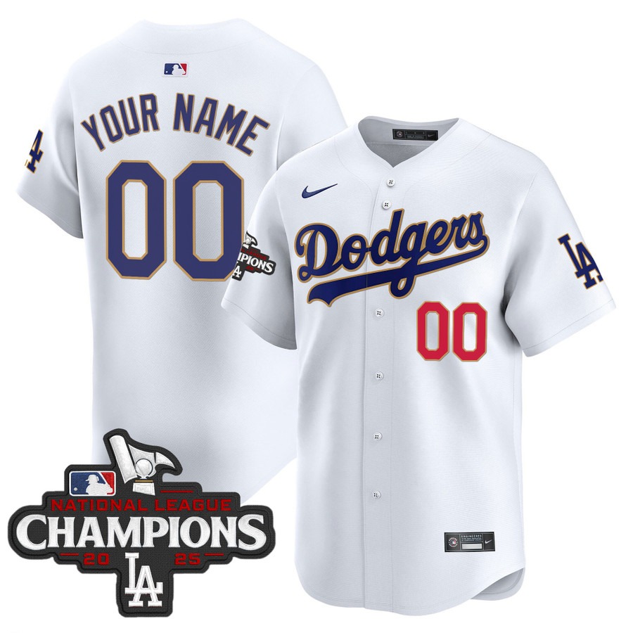 Men's Dodgers Custom White Gold Trim 2025 National Custom League Champions Limited Stitched Jersey