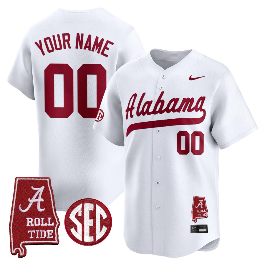Men's Alabama Crimson Tide Baseball Custom White Alabama Map Patch 2025 Vapor Stitched Jersey Men's Alabama Crimson Tide Baseball Custom White Alabama Map Patch 2025 Vapor Stitched Jersey