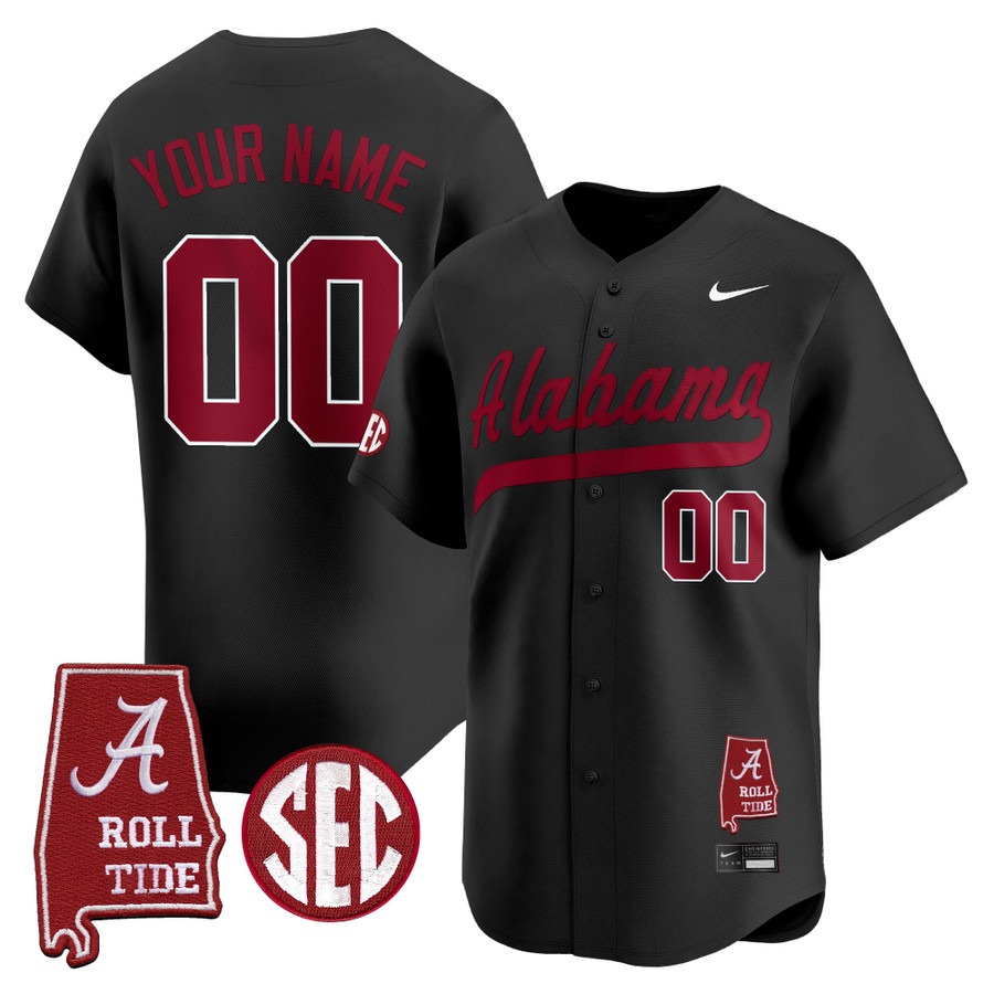 Men's Alabama Crimson Tide Baseball Custom Black Alabama Map Patch 2025 Vapor Stitched Jersey Men's Alabama Crimson Tide Baseball Custom Black Alabama Map Patch 2025 Vapor Stitched Jersey