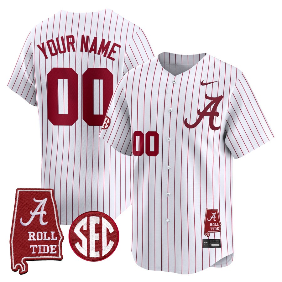 Men's Alabama Crimson Tide Baseball Custom Pinstripe Alabama Map Patch 2025 Vapor Stitched Jersey Men's Alabama Crimson Tide Baseball Custom Pinstripe Alabama Map Patch 2025 Vapor Stitched Jersey