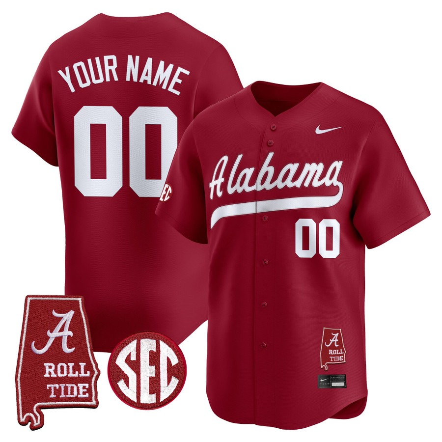 Men's Alabama Crimson Tide Baseball Custom Crimson Alabama Map Patch 2025 Vapor Stitched Jersey Men's Alabama Crimson Tide Baseball Custom Crimson Alabama Map Patch 2025 Vapor Stitched Jersey