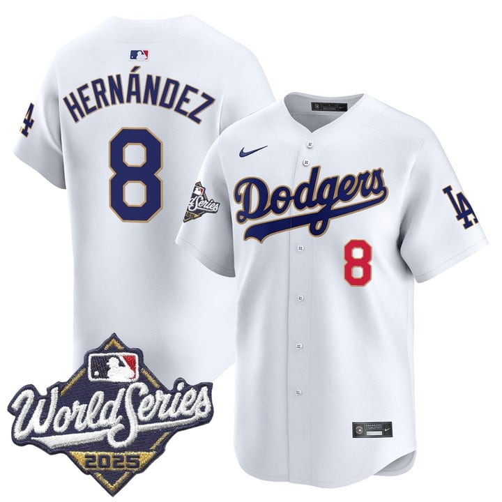 Men's Nike LA Dodgers #8 Kike Hernandez 2025 World Series Gold Trim Limited Stitched MLB Jersey White