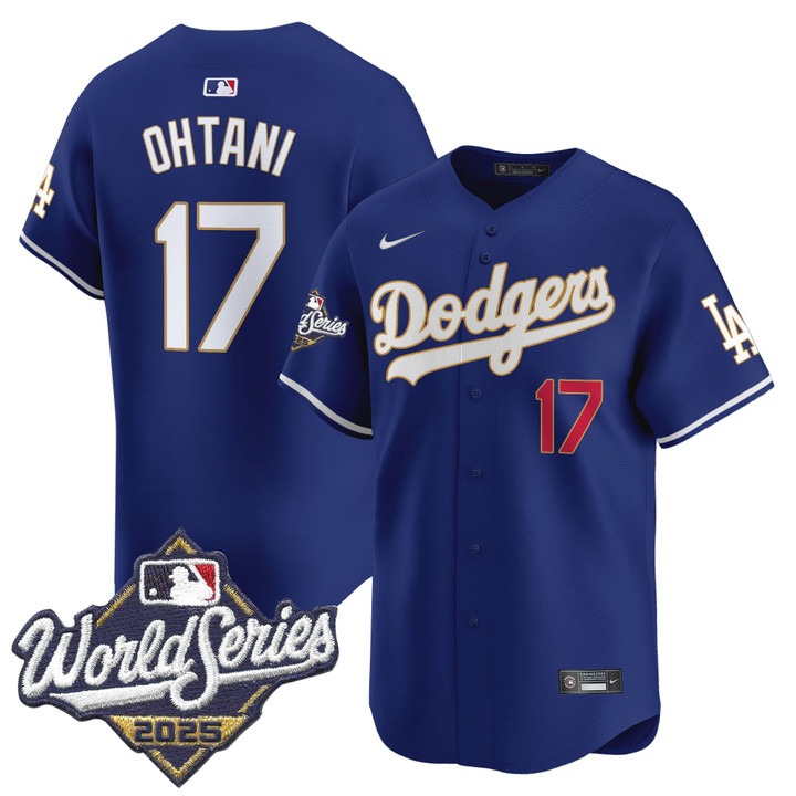 Men's Nike Dodgers #17 Shohei Ohtani 2025 World Series Gold Trim Limited Stitched MLB Jersey Royal