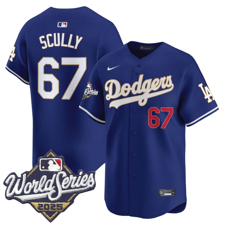 Men's Nike Dodgers #67 Vin Scully 2025 World Series Gold Trim Limited Stitched MLB Jersey Royal
