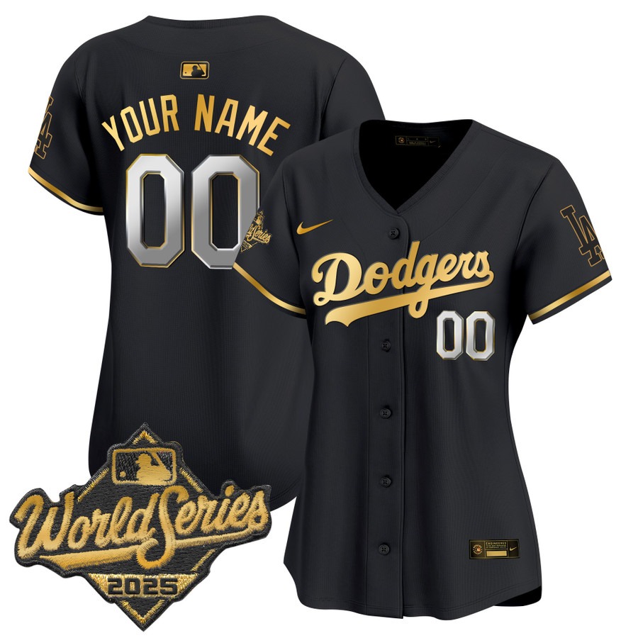 Women's Dodgers 2025 World Series Gold Trim Limited Custom Stitched Jersey - Black Gold