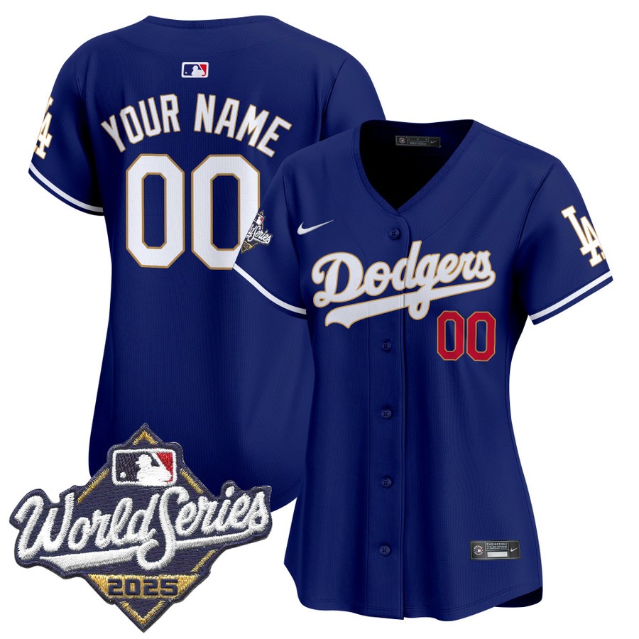 Women's Dodgers 2025 World Series Gold Trim Limited Custom Stitched Jersey - Royal