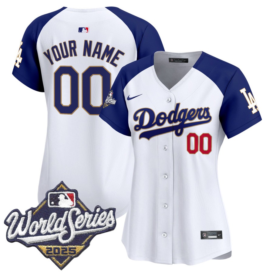 Women's Dodgers 2025 World Series Gold Trim Limited Custom Stitched Jersey - White Alternate Women's Dodgers 2025 World Series Gold Trim Limited Custom Stitched Jersey - White Alternate