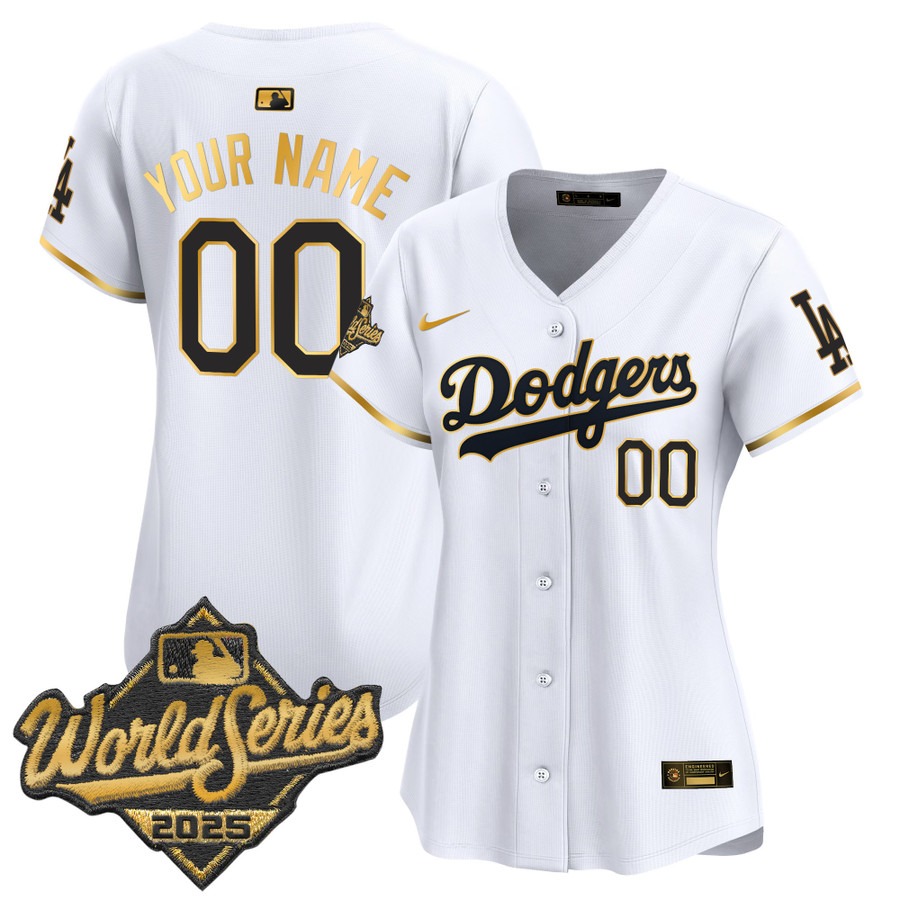 Women's Dodgers 2025 World Series Gold Trim Limited Custom Stitched Jersey - White Gold Women's Dodgers 2025 World Series Gold Trim Limited Custom Stitched Jersey - White Gold