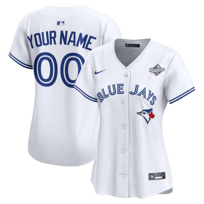 Women's Toronto Blue Jays Custom Home White Nike 2025 World Series Limited Jersey Women's Toronto Blue Jays Custom Home White Nike 2025 World Series Limited Jersey