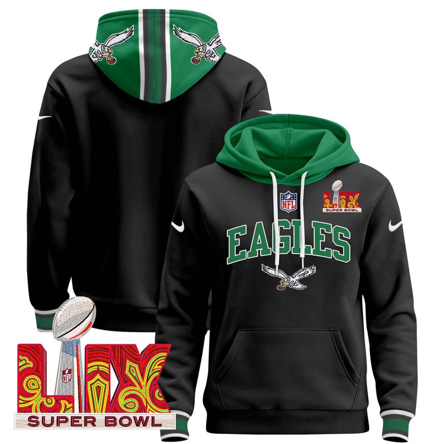 Men's Philadelphia Eagles Nike Black Stitched Pullover Hoodie - With Super Bowl LVIII 58 Patch
