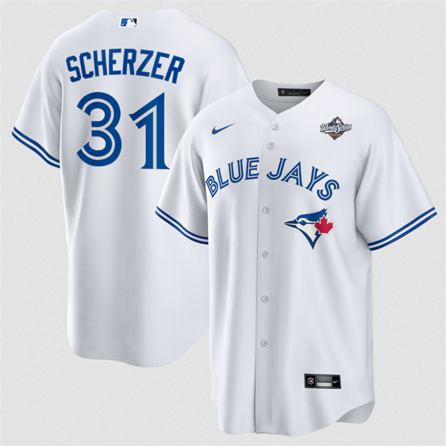 Men's Toronto Blue Jays #31 Max Scherzer White 2025 World Series Home Cool Base Stitched Baseball Jersey