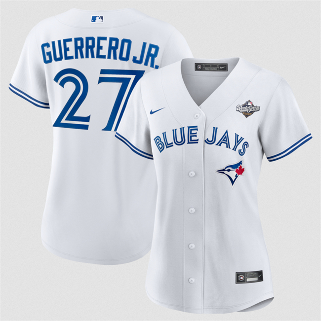 Women's Toronto Blue Jays #27 Vladimir Guerrero Jr. White 2025 World Series Home Cool Base Stitched Baseball Jersey(Run Small) Women's Toronto Blue Jays #27 Vladimir Guerrero Jr. White 2025 World Series Home Cool Base Stitched Baseball Jersey(Run Small)