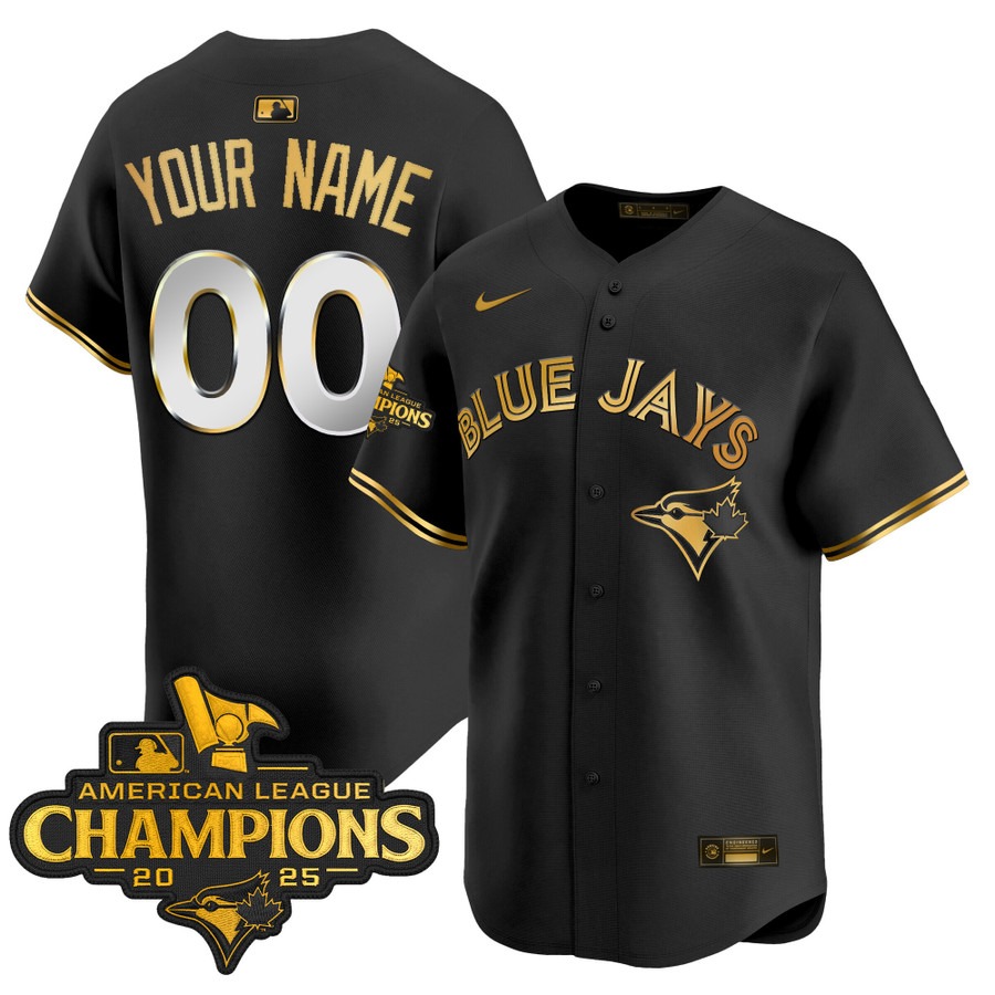 Men's Toronto Blue Jays Custom Black Gold 2025 American League Champions  Limited Stitched Jersey Men's Toronto Blue Jays Custom Black Gold 2025 American League Champions  Limited Stitched Jersey