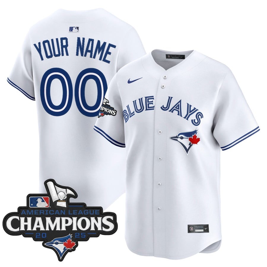 Men's Toronto Blue Jays Custom White 2025 American League Champions  Limited Stitched Jersey Men's Toronto Blue Jays Custom White 2025 American League Champions  Limited Stitched Jersey