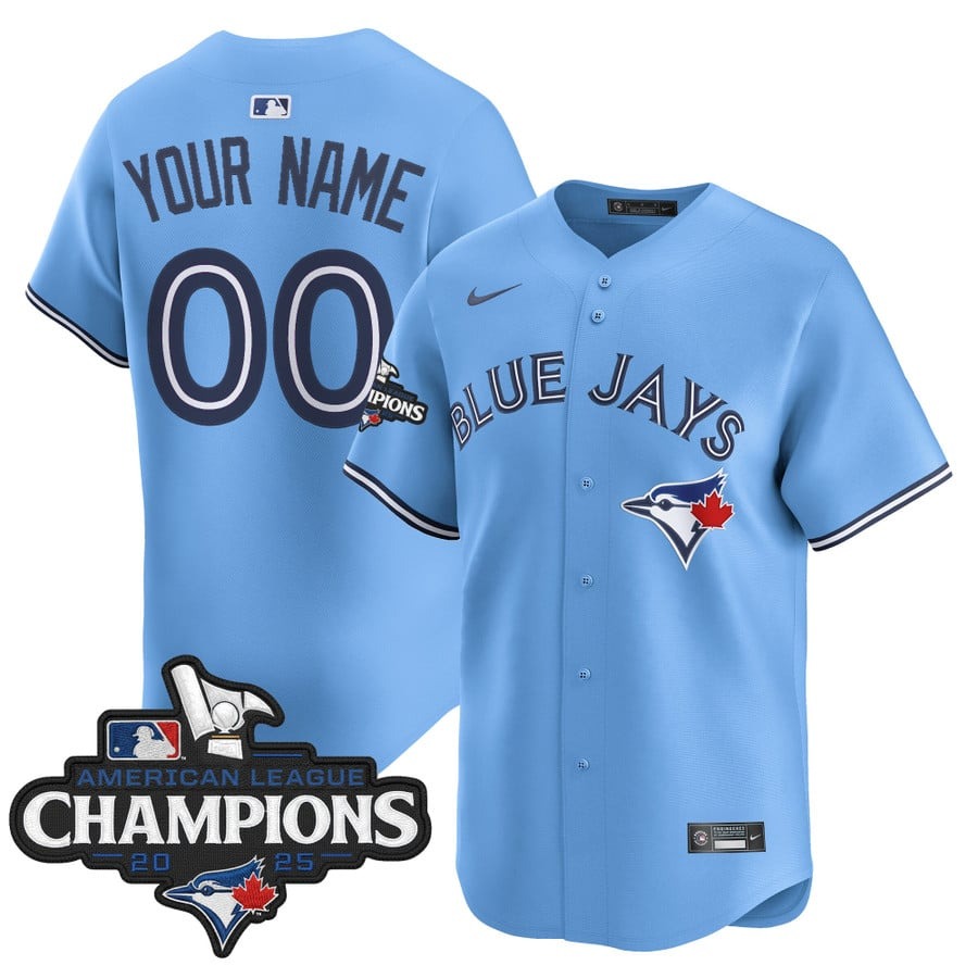 Men's Toronto Blue Jays Custom Powder Blue 2025 American League Champions  Limited Stitched Jersey Men's Toronto Blue Jays Custom Powder Blue 2025 American League Champions  Limited Stitched Jersey