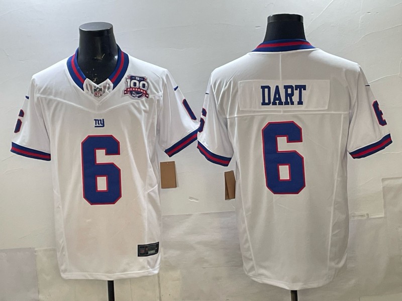 Men's New York Giants #6 Jaxson Dart White 2025 Draft F.U.S.E. 100th Season Patch Vapor Limited Classic Stitched Football Jersey