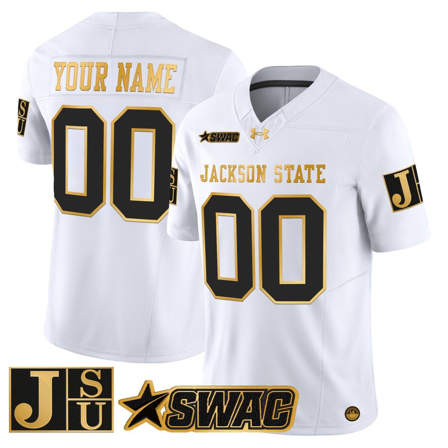 Men's Jackson State Tigers Custom White Gold 2025 Vapor F.U.S.E. Limited Stitched Jersey