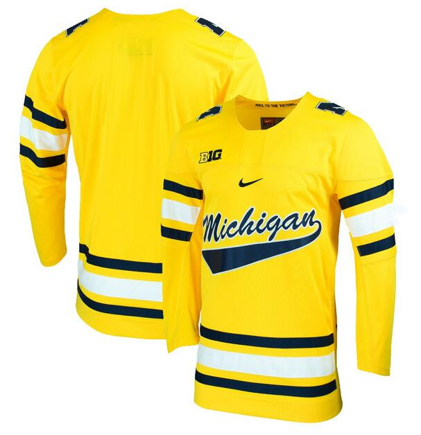 Men's Michigan Wolverines Custom Gold Stitched Hockey Jersey