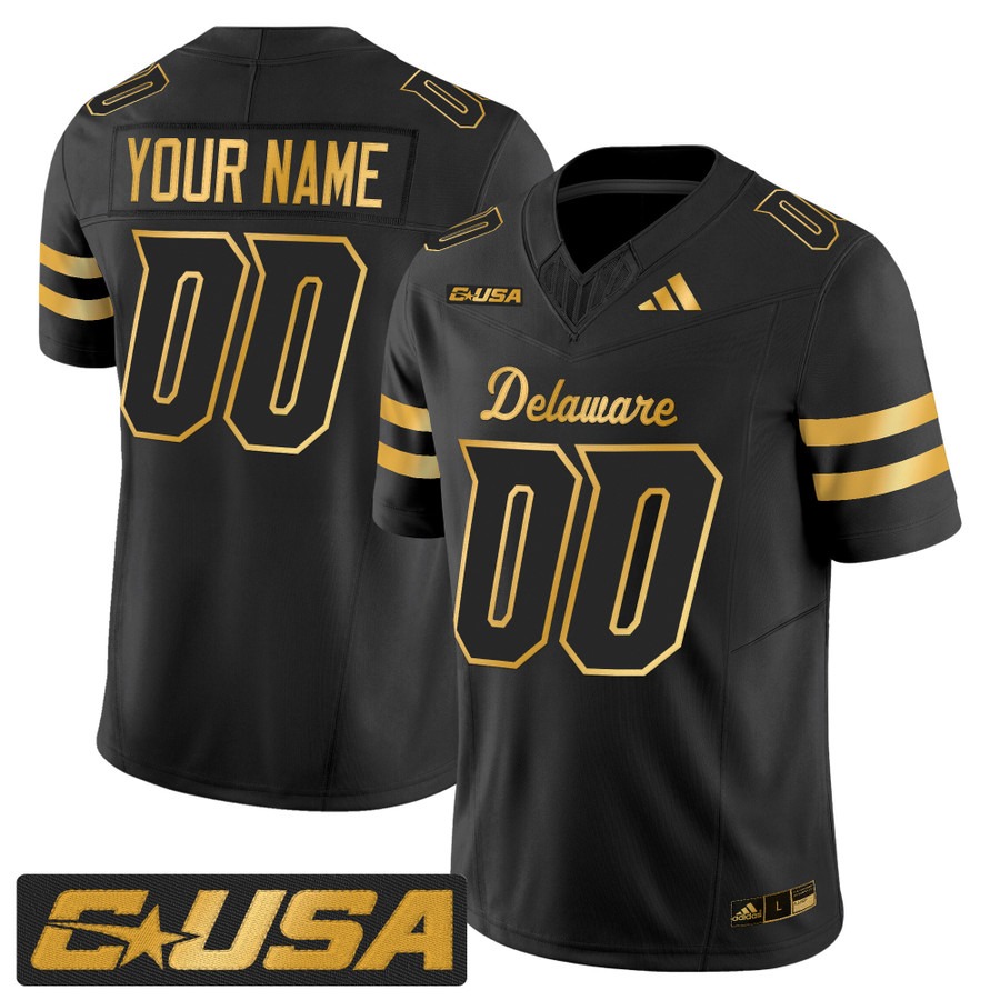 Men's Delaware Blue Hens Custom Black Gold 2025 Vapor F.U.S.E. Limited Stitched Football Jersey Men's Delaware Blue Hens Custom Black Gold 2025 Vapor F.U.S.E. Limited Stitched Football Jersey