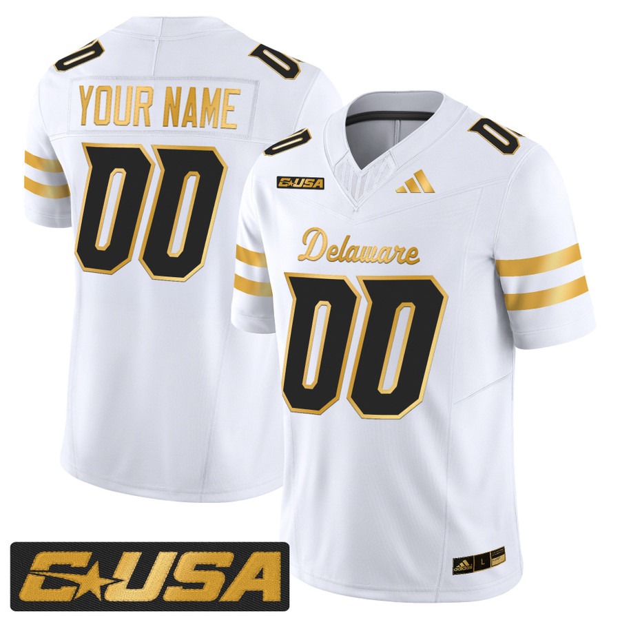 Men's Delaware Blue Hens Custom White Gold 2025 Vapor F.U.S.E. Limited Stitched Football Jersey Men's Delaware Blue Hens Custom White Gold 2025 Vapor F.U.S.E. Limited Stitched Football Jersey