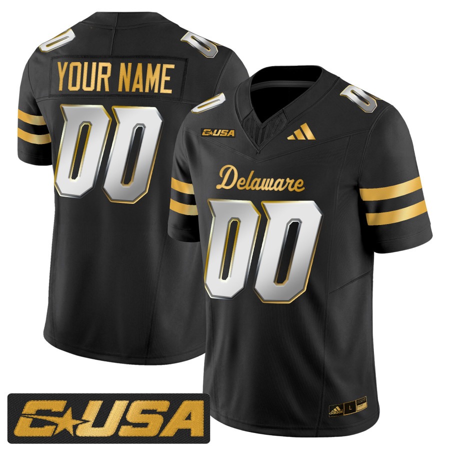 Men's Delaware Blue Hens Custom Black Limited Gold 2025 Vapor F.U.S.E. Limited Stitched Football Jersey Men's Delaware Blue Hens Custom Black Limited Gold 2025 Vapor F.U.S.E. Limited Stitched Football Jersey