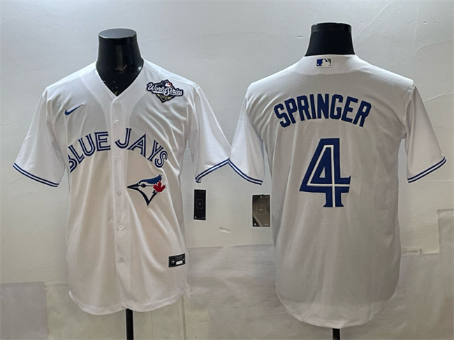 Men's Toronto Blue Jays #4 George Springer White 2025 World Series Home Cool Base Stitched Baseball Jersey Men's Toronto Blue Jays #4 George Springer White 2025 World Series Home Cool Base Stitched Baseball Jersey
