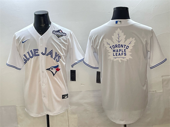 Men's Toronto Blue Jays & Leafs White 2025 World Series With White Maple Leafs Logo Cool Base Stitched Baseball Jersey Men's Toronto Blue Jays & Leafs White 2025 World Series With White Maple Leafs Logo Cool Base Stitched Baseball Jersey