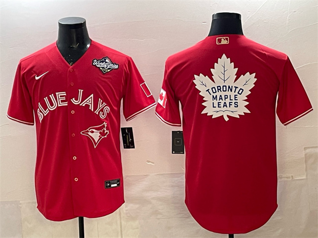 Men's Toronto Blue Jays & Leafs Red 2025 World Series With White Maple Leafs Logo Cool Base Stitched Baseball Jersey Men's Toronto Blue Jays & Leafs Red 2025 World Series With White Maple Leafs Logo Cool Base Stitched Baseball Jersey
