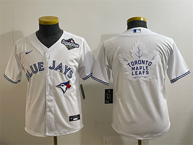 Youth Toronto Blue Jays & Leafs White 2025 World Series With White Leafs Logo Cool Base Stitched Baseball Jersey Youth Toronto Blue Jays & Leafs White 2025 World Series With White Leafs Logo Cool Base Stitched Baseball Jersey