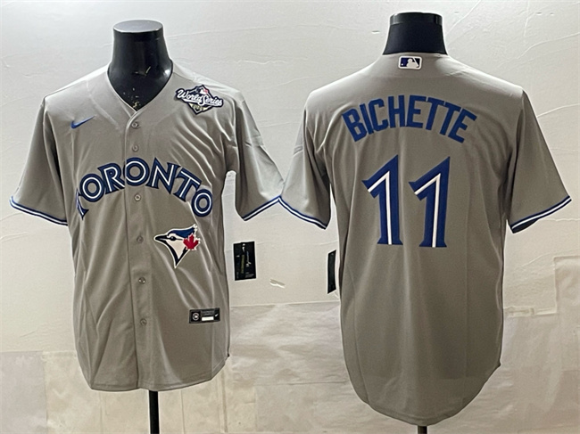 Men's Toronto Blue Jays #11 Bo Bichette Grey 2025 World Series Home Cool Base Stitched Baseball Jersey Men's Toronto Blue Jays #11 Bo Bichette Grey 2025 World Series Home Cool Base Stitched Baseball Jersey
