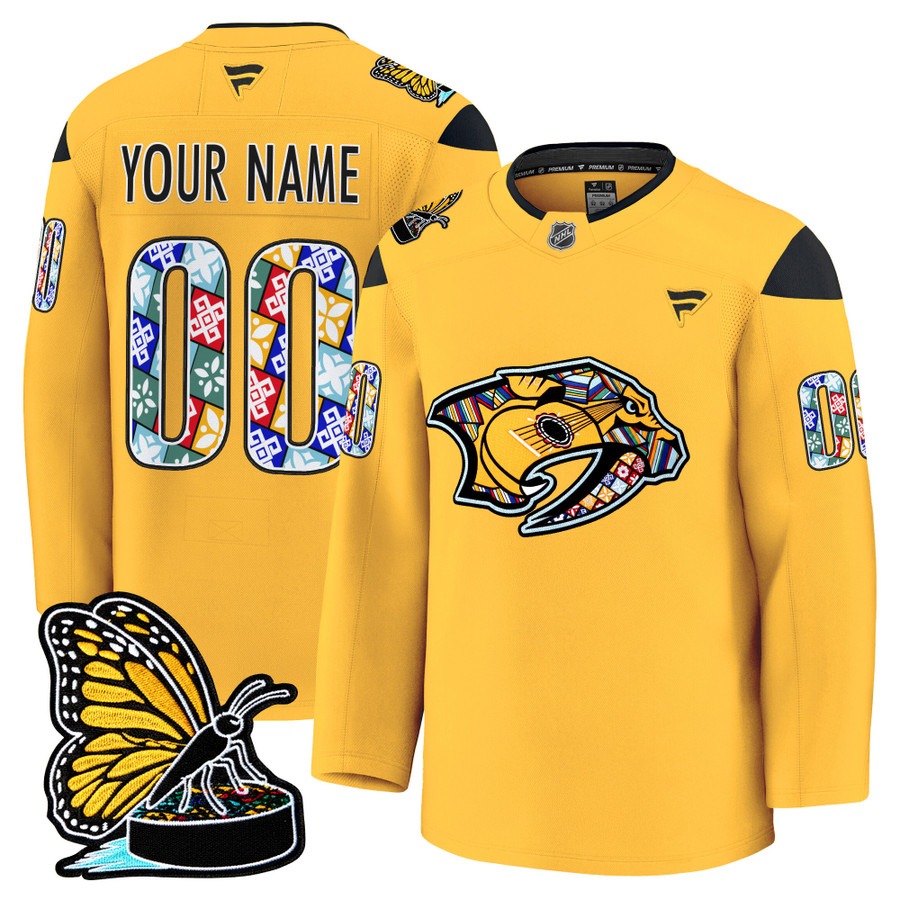 Men's Nashville Predators Custom 2025 Hispanic Music Heritage Night Premium Stitched Hockey Jersey - Gold