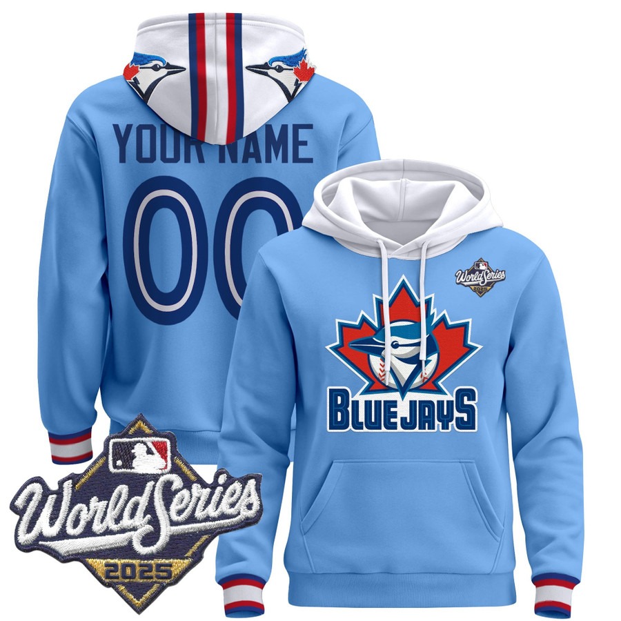 Men's Toronto Blue Jays Custom Powder Blue 2025 World Series Premium Stitched Pullover Hoodie Men's Toronto Blue Jays Custom Powder Blue 2025 World Series Premium Stitched Pullover Hoodie