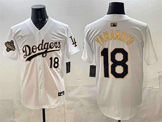 Men's Los Angeles Dodgers #18 Yoshinobu Yamamoto White Gold 2025 World Series Champions Patch Limited Stitched Baseball Jersey