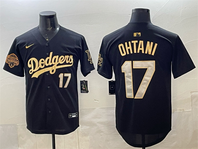 Men's Los Angeles Dodgers #17 Shohei Ohtani Black Gold 2025 Back to Back Champions Patch Limited Stitched Baseball Jersey