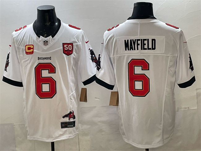 Men's Tampa Bay Buccaneers #6 Baker Mayfield White F.U.S.E. 50th Season & 4-Star C Patch Vapor Limited Stitched Football Jersey