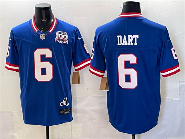 Men's New York Giants #6 Jaxson Dart Royal 2025 Draft F.U.S.E. 100th Season & State Patch Vapor Limited Stitched Football Jersey