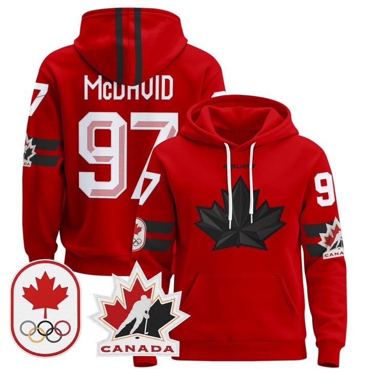 Men's BAUER x 2026 Olympic Canada #97 Connor McDavid Red Stitched Pullover Hoodie