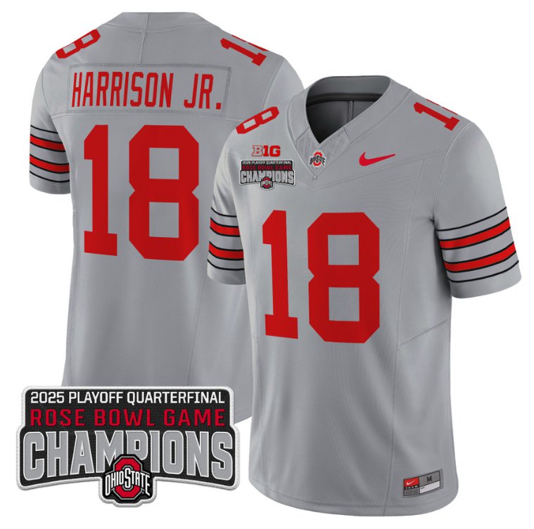 Men's Ohio State Buckeyes #18 Marvin Harrison Jr F.U.S.E. 2025 Rose Bowl Champions Patch Gray Vapor Limited Stitched Jersey