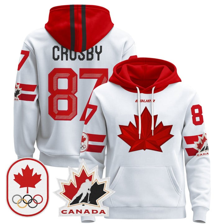 Men's 2026 Olympic Canada #87 Sidney Crosby White Stitched Pullover Hoodie