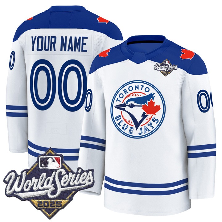 Men's Toronto Blue Jays Custom 'Hockey Style' 2025 World Series Premium Stitched Jersey White