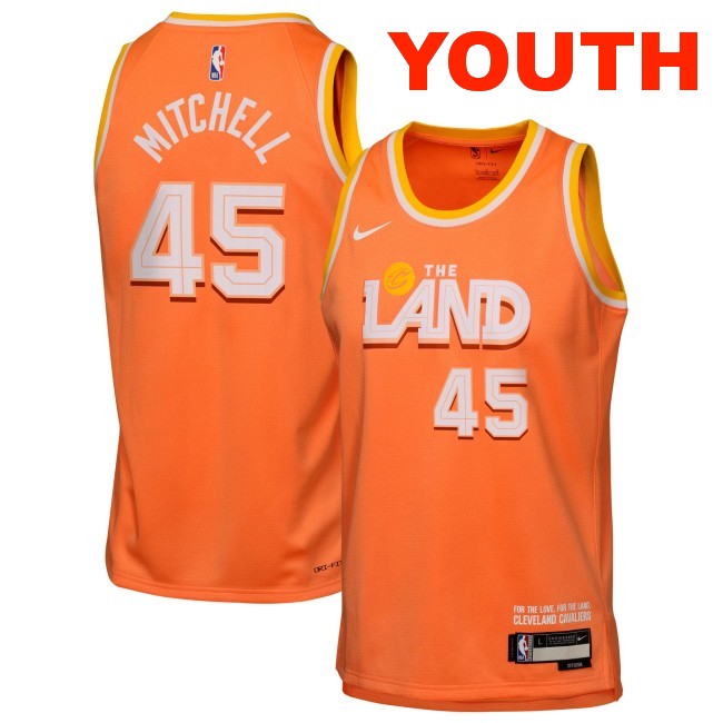 Youth Cleveland Cavaliers #45 Donovan Mitchell Orange 2025-26 City Edition Swingman Stitched Jersey